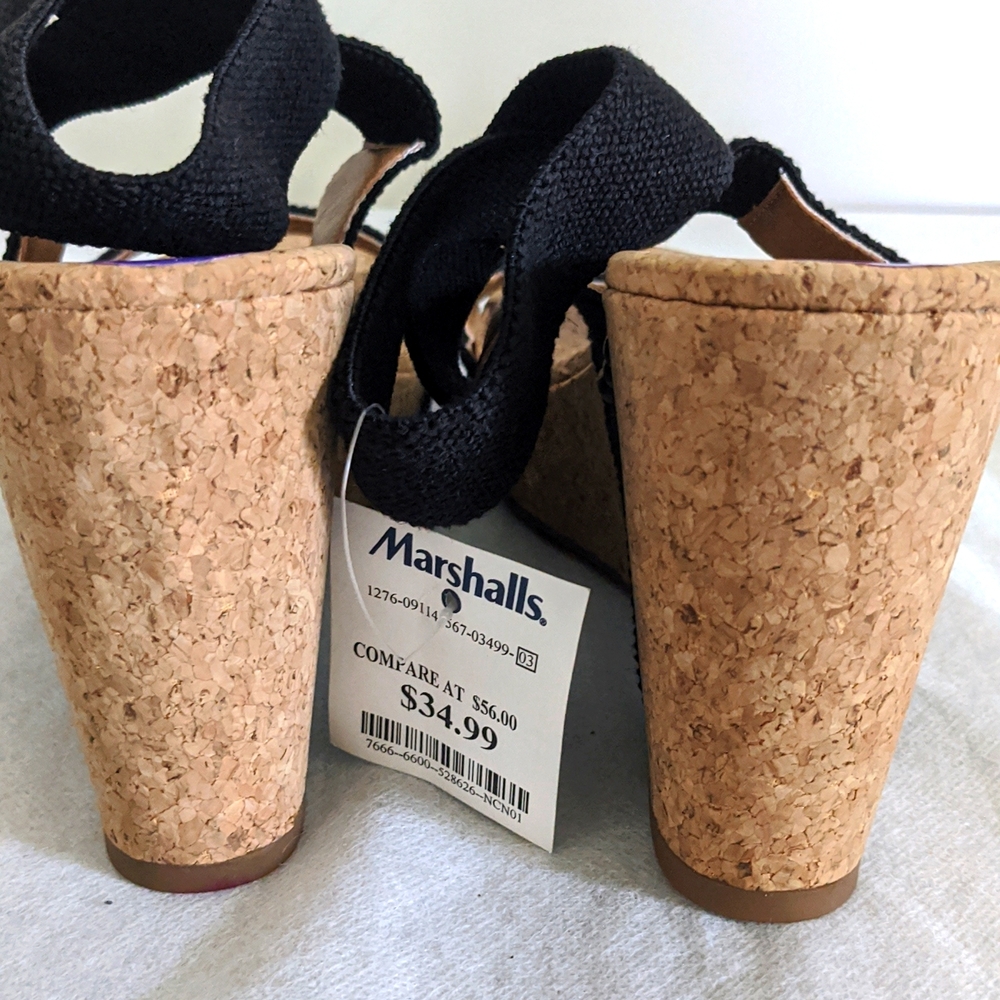Lucky Brand LP-Maxyne Women's Black Textile Upper Cork Wedge Sandals - Picture 8 of 11